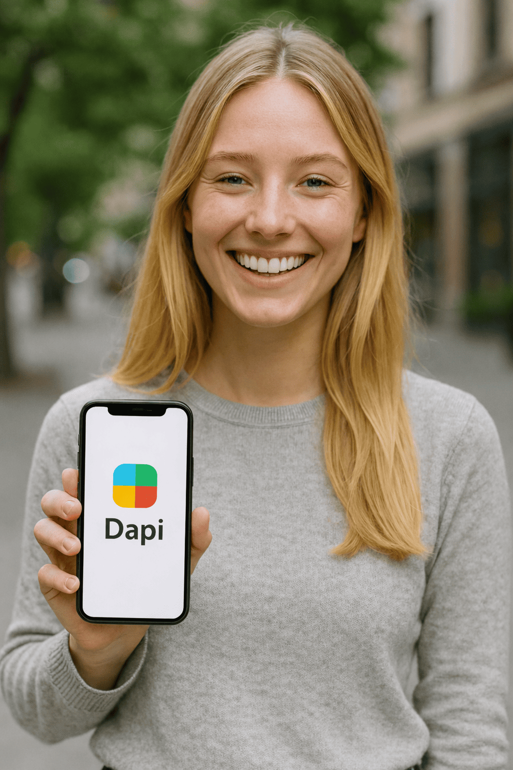 Persona usando Dapi en la ciudad